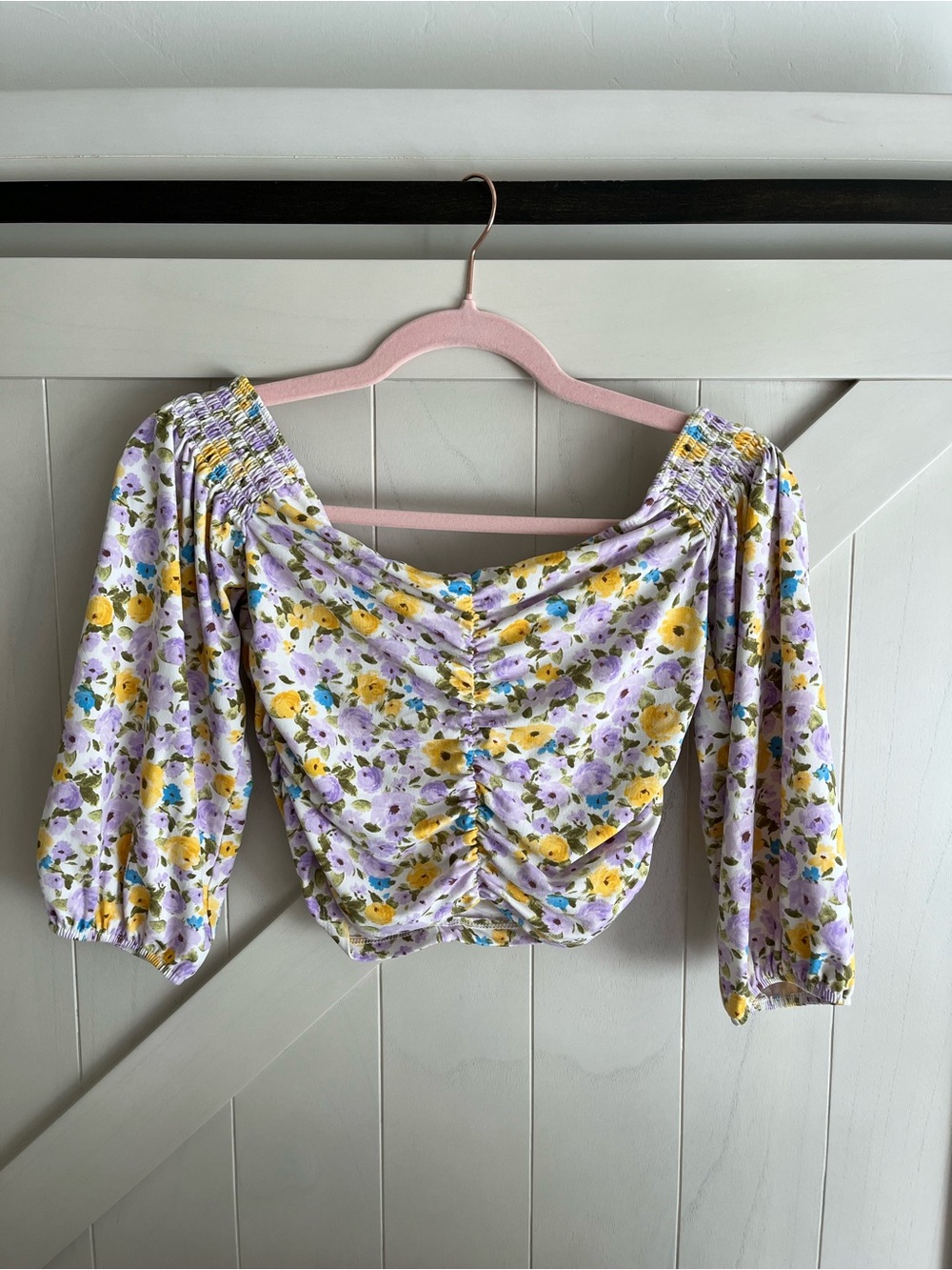 Forever 21 Lavender Floral Ruched Off-Shoulder Crop Top